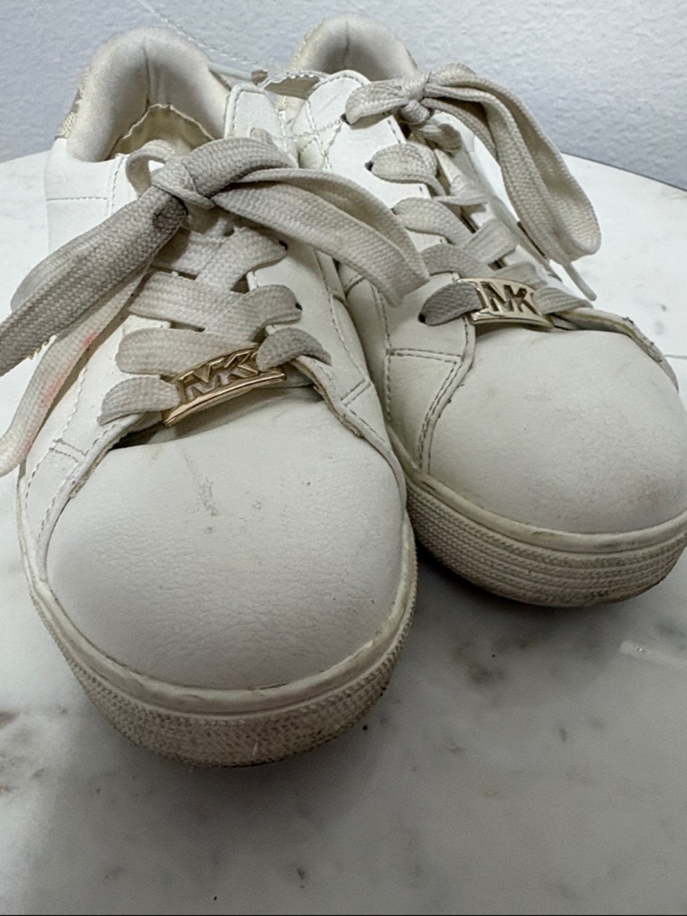 Michael Kors White & Taupe Kids Sneakers with Gold MK Accent - Picture 6 of 10